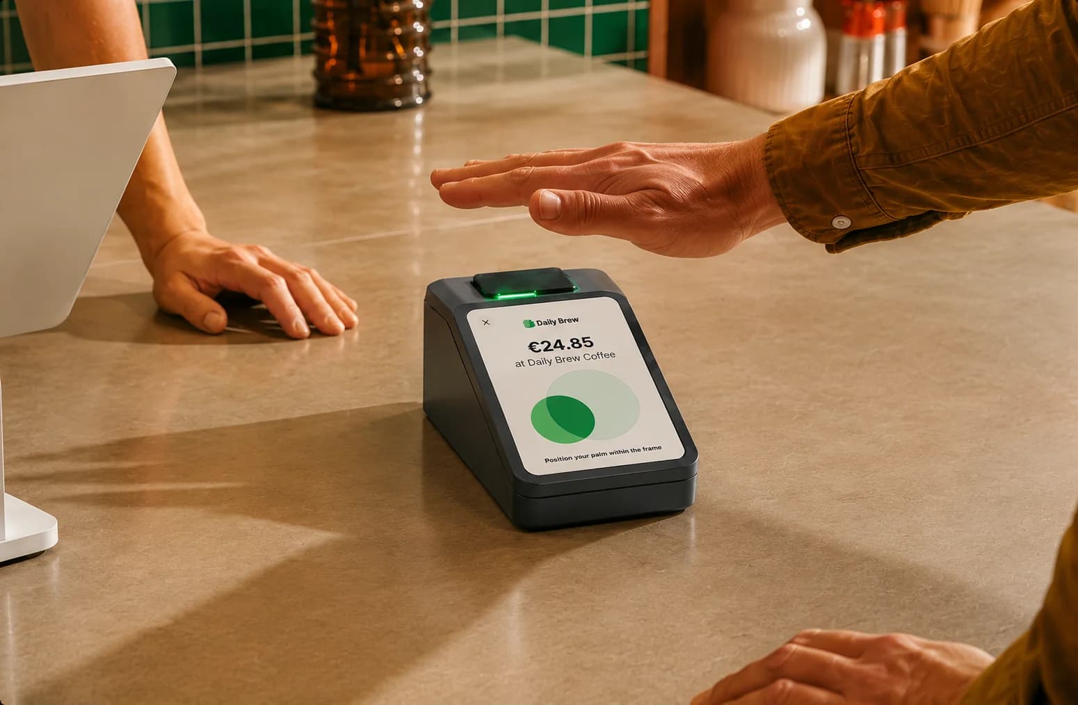 Close-up of palm scanning on the Handwave terminal