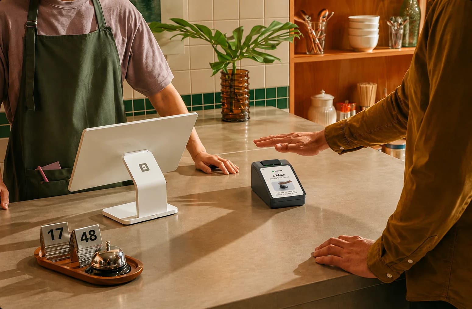Customer scanning their palm at a Handwave checkout terminal