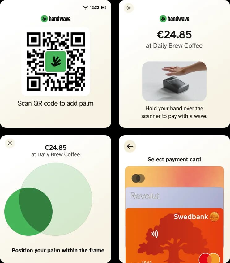 Handwave mobile app screens for onboarding, payment, and cards