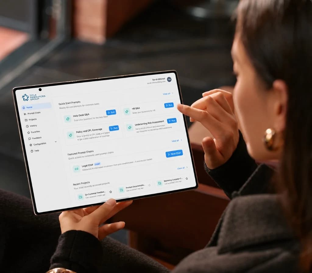 A title examiner reviewing Title Resource Group prompt chains on a tablet